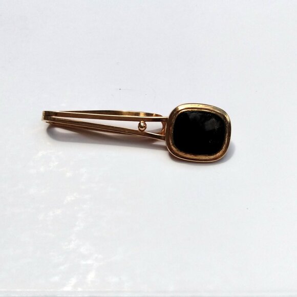 Vintage Tie Bar Clip Slide Gold Tone Black Sparkle Dapper - Picture 4 of 9
